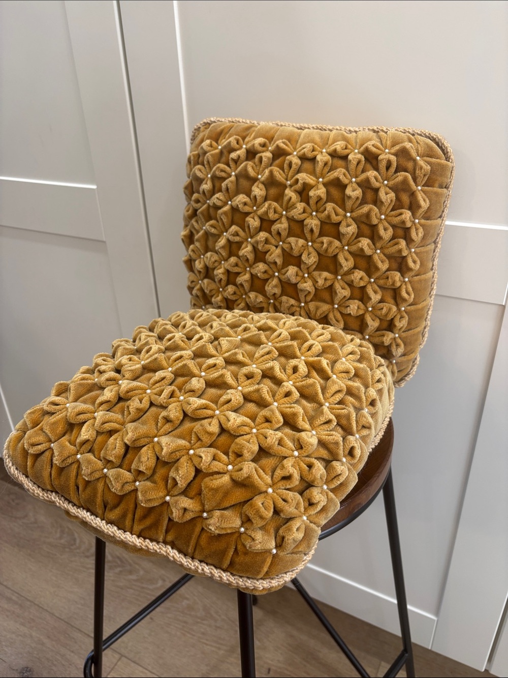 Set of 2 Decorative Mustard Pillow Set with Piped Edge and pearls